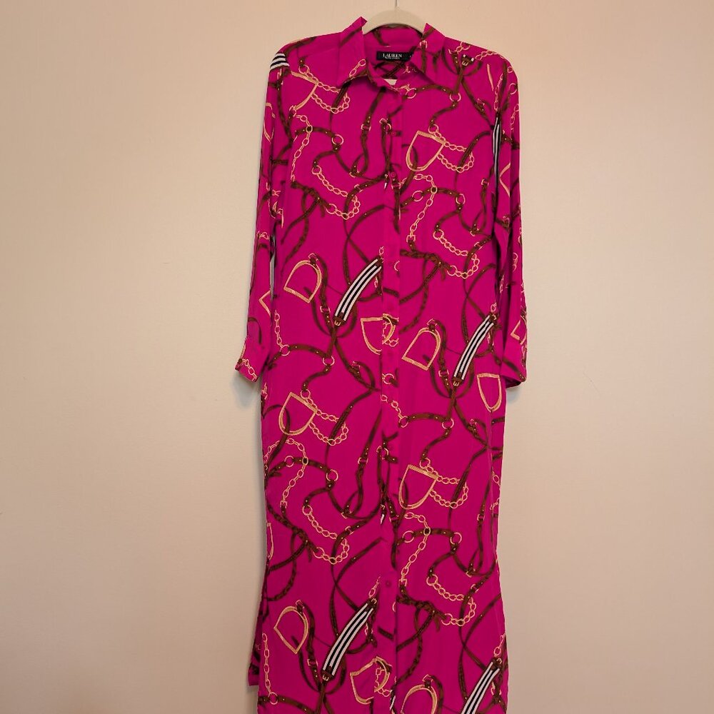 Fayella Ralph Lauren silk equestrian print bright print shirt dress 6 EUC